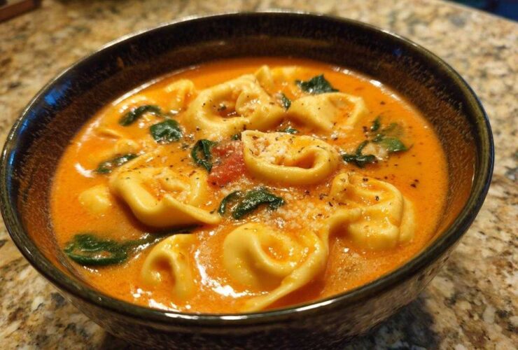 A close-up of a dark bowl filled with rich, orange Creamy Tomato Tortellini Soup, featuring tortellini pasta, spinach, and grated cheese.