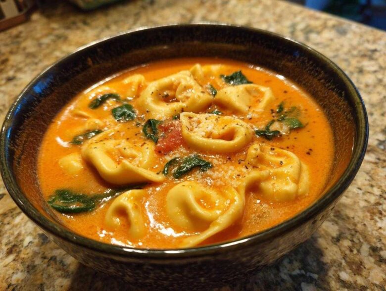 A close-up of a dark bowl filled with rich, orange Creamy Tomato Tortellini Soup, featuring tortellini pasta, spinach, and grated cheese.