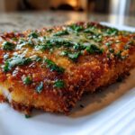 Close-up of a golden brown, crispy air fryer pork chop topped with melted garlic butter and fresh parsley.