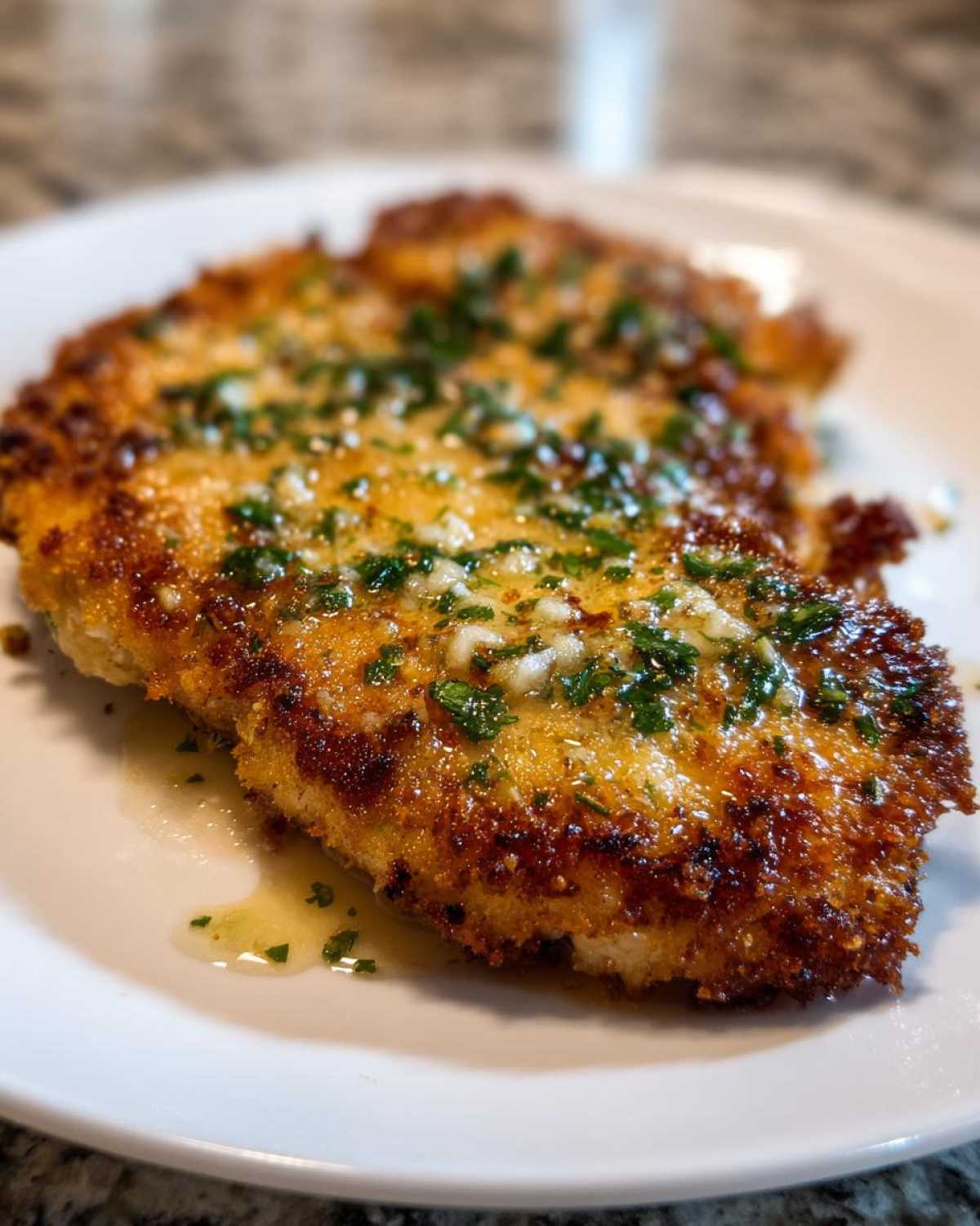 Close-up of a perfectly golden and crispy air fryer pork chop topped with melted garlic butter and fresh parsley.