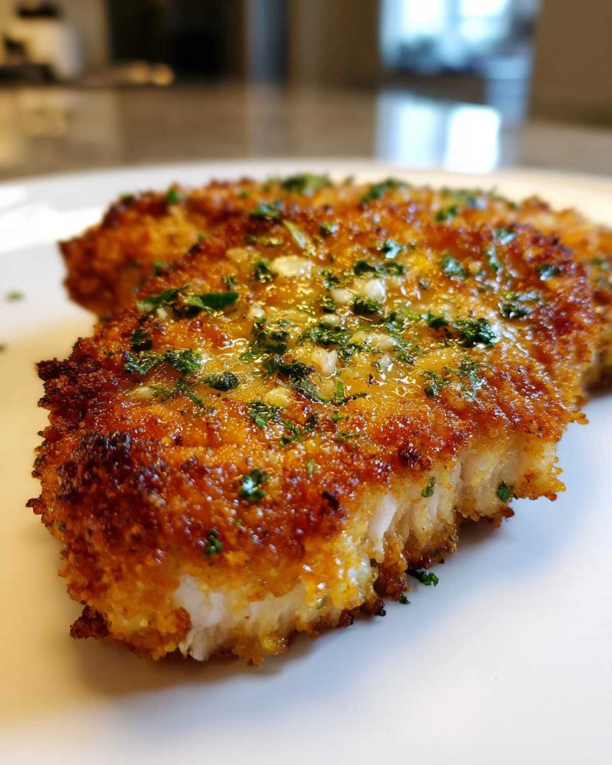 Close-up of a perfectly cooked Crispy Air Fryer Pork Chop topped with glistening garlic butter and fresh parsley.