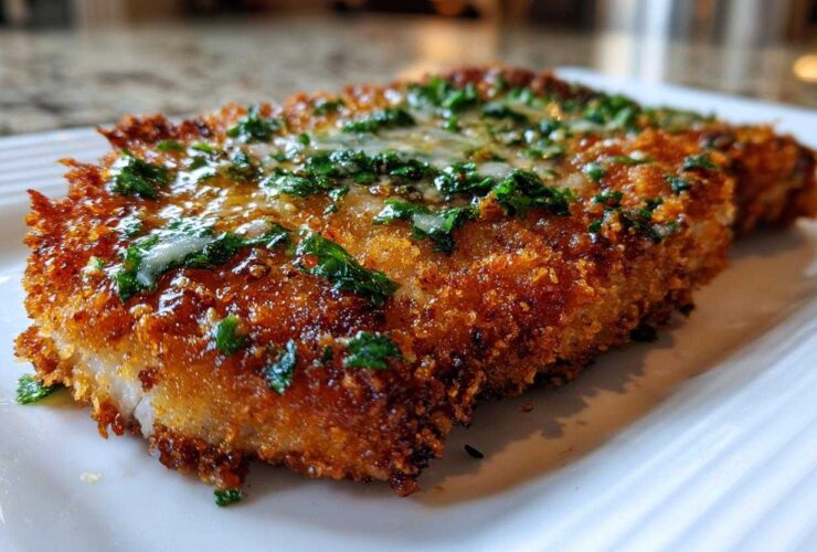 Close-up of a golden brown, crispy air fryer pork chop topped with melted garlic butter and fresh parsley.