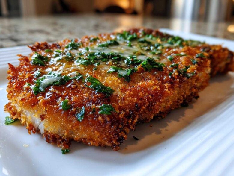 Close-up of a golden brown, crispy air fryer pork chop topped with melted garlic butter and fresh parsley.