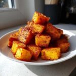 A pile of perfectly crispy, seasoned Air Fryer Sweet Potato Cubes served in a white bowl.