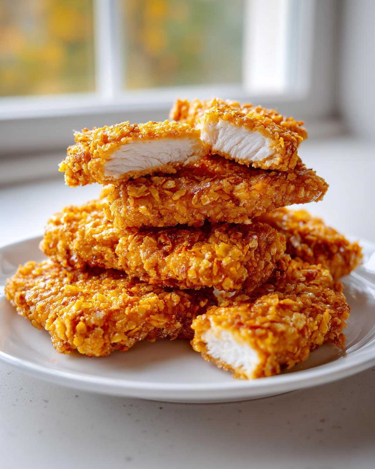 A stack of Crispy Baked Chicken Tenders with Cornflake Crust, one cut open showing white meat.