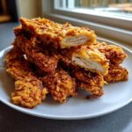 A stack of golden brown Crispy Baked Chicken Tenders with Cornflake Crust, one cut open showing juicy white meat.