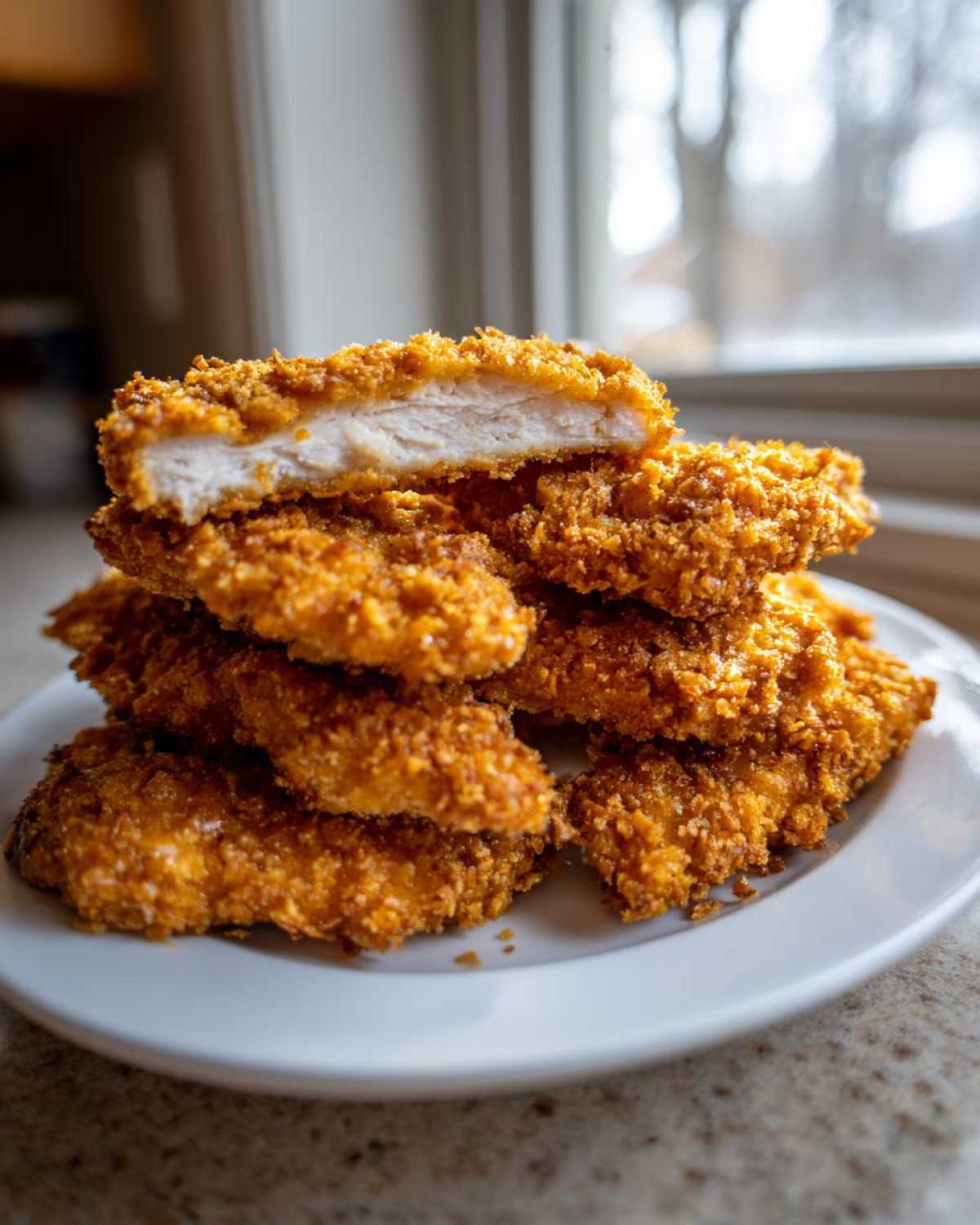 A stack of golden brown Crispy Baked Chicken Tenders with Cornflake Crust, one piece cut open showing white meat.