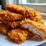A stack of golden brown Crispy Baked Chicken Tenders with Cornflake Crust, one cut open showing juicy white meat.