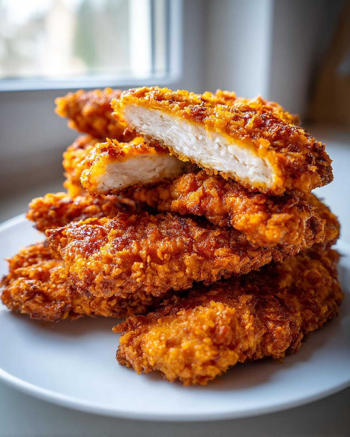 A stack of golden brown Crispy Baked Chicken Tenders with Cornflake Crust, one piece cut open showing white meat.