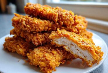 A stack of golden brown Crispy Baked Chicken Tenders with Cornflake Crust, one cut open showing juicy white meat.