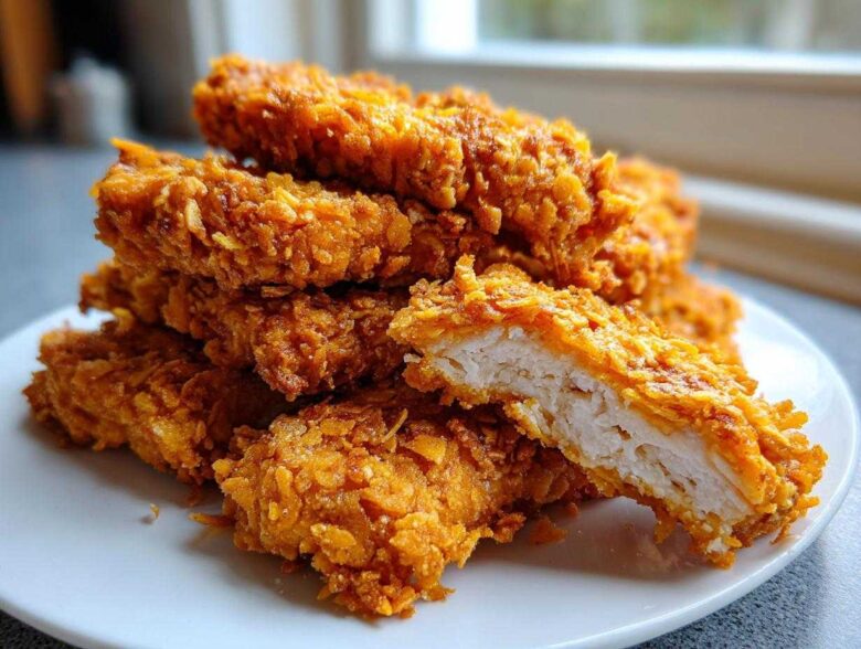 A stack of golden brown Crispy Baked Chicken Tenders with Cornflake Crust, one cut open showing juicy white meat.