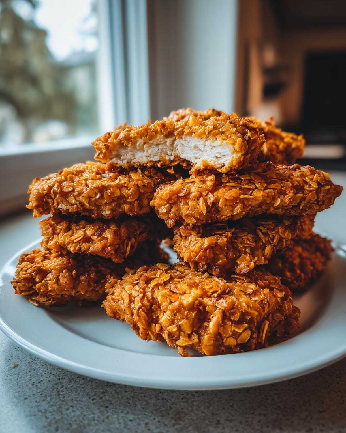 A tall stack of golden brown Crispy Baked Chicken Tenders with Cornflake Crust, one piece cut open showing white chicken meat.