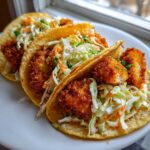 Three Crispy Baked Fish Tacos filled with golden breaded fish and bright lime slaw, served on a white plate.