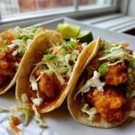 Three Crispy Baked Fish Tacos filled with golden fried fish pieces and topped with bright lime slaw.
