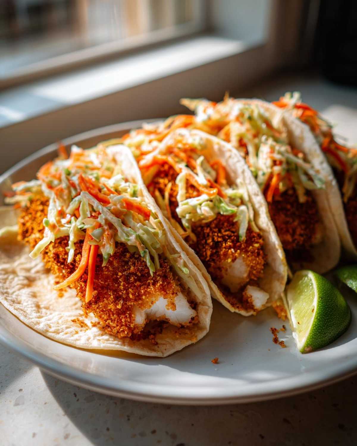Four Crispy Baked Fish Tacos topped with bright lime slaw and served with lime wedges.