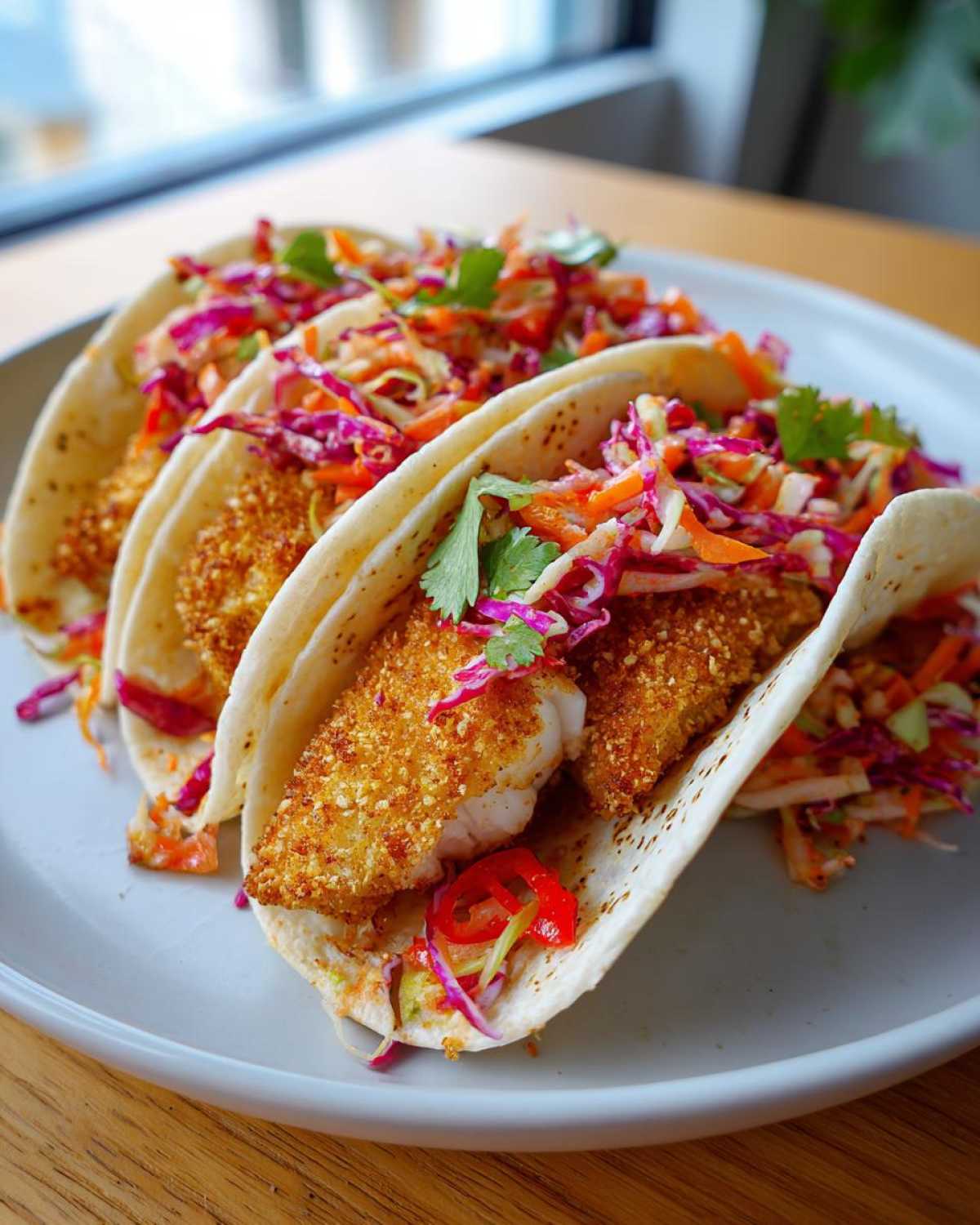Three Crispy Baked Fish Tacos filled with golden breaded fish and vibrant lime slaw, garnished with cilantro.