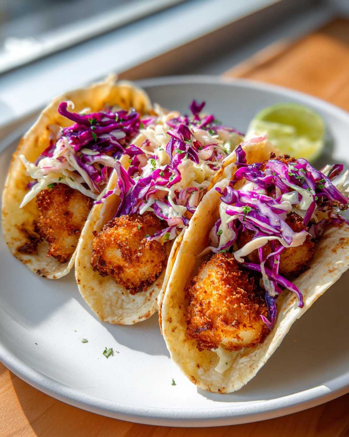 Three Crispy Baked Fish Tacos loaded with golden breaded fish and vibrant purple and white lime slaw on a white plate.