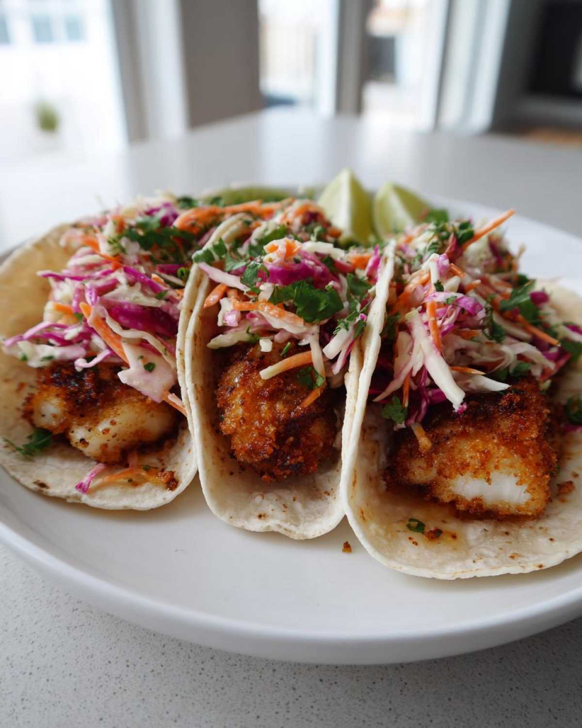 Three Crispy Baked Fish Tacos topped with vibrant lime slaw and served with lime wedges.