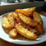Close-up of golden brown Crispy Baked Garlic Parmesan Potato Wedges sprinkled with grated cheese on a white plate.