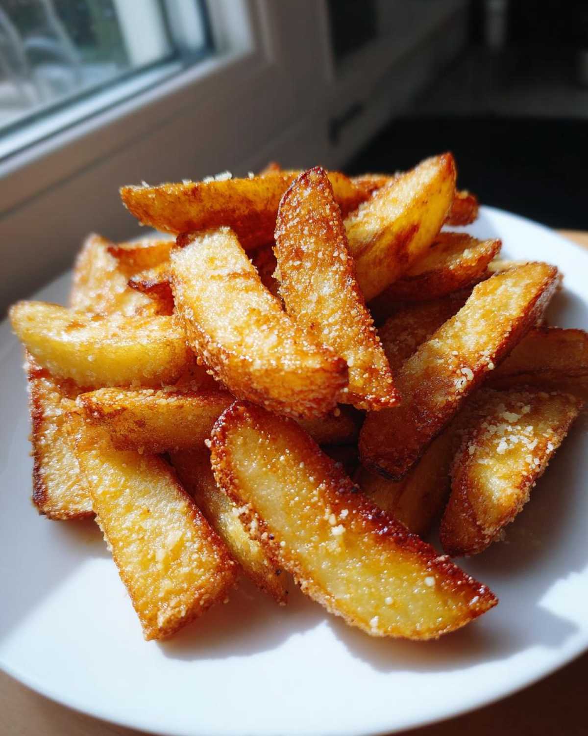 A close-up of golden, crispy baked garlic parmesan potato wedges piled high on a white plate.