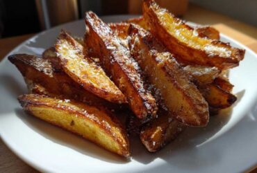 A close-up of golden brown, crispy baked garlic parmesan potato wedges piled on a white plate.