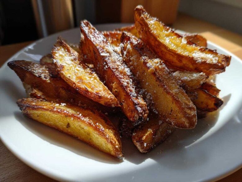 A close-up of golden brown, crispy baked garlic parmesan potato wedges piled on a white plate.