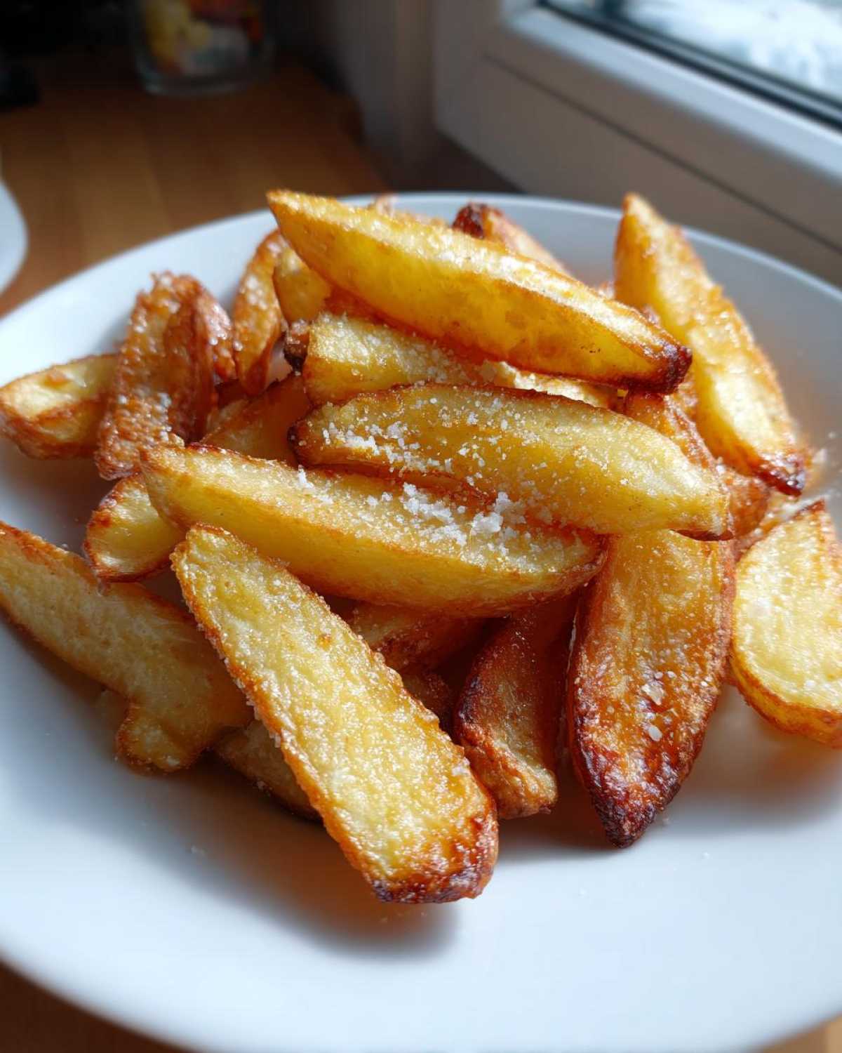 Close-up of golden brown, crispy baked garlic parmesan potato wedges sprinkled with cheese on a white plate.