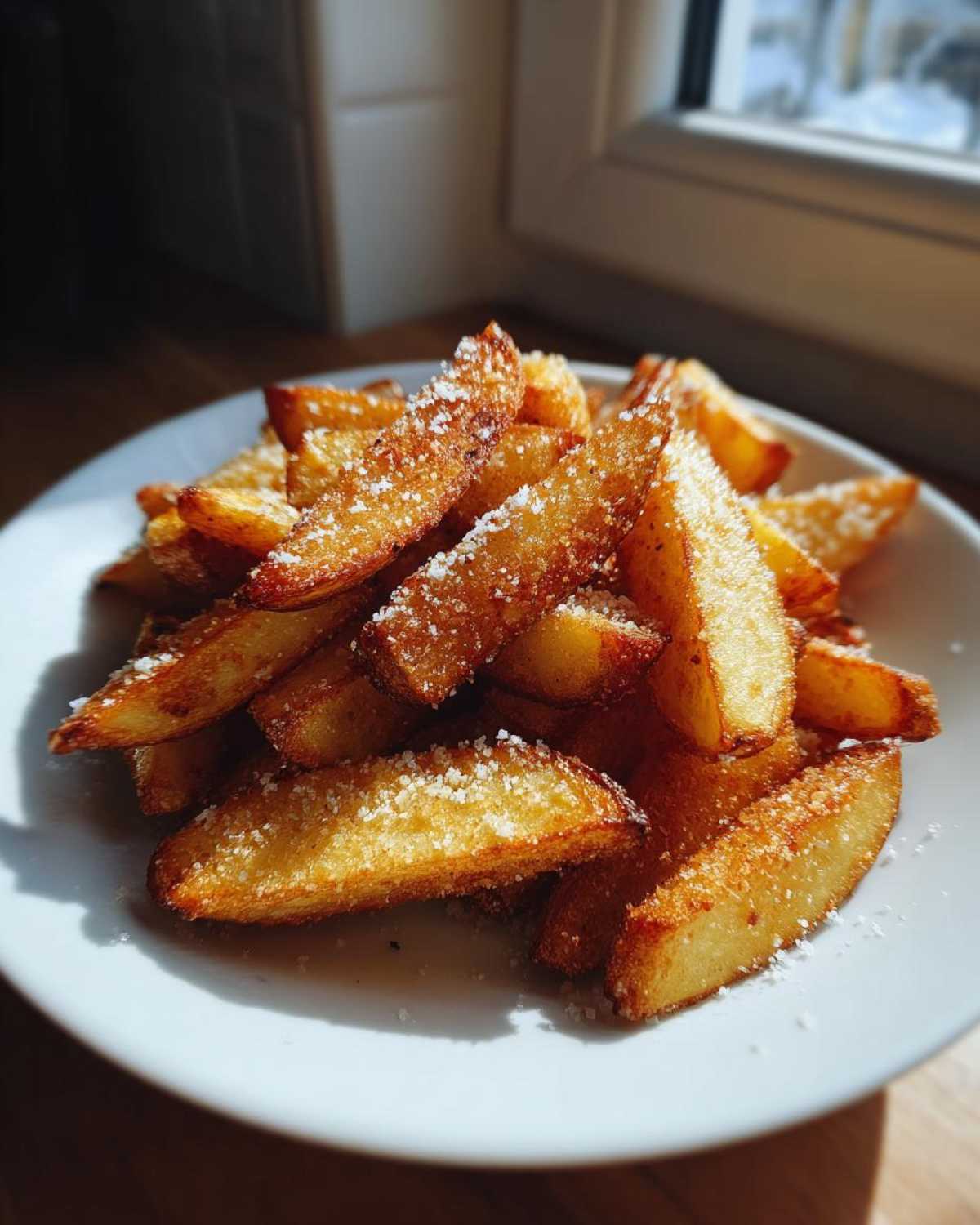 A close-up of golden, crispy baked garlic parmesan potato wedges piled high on a white plate.
