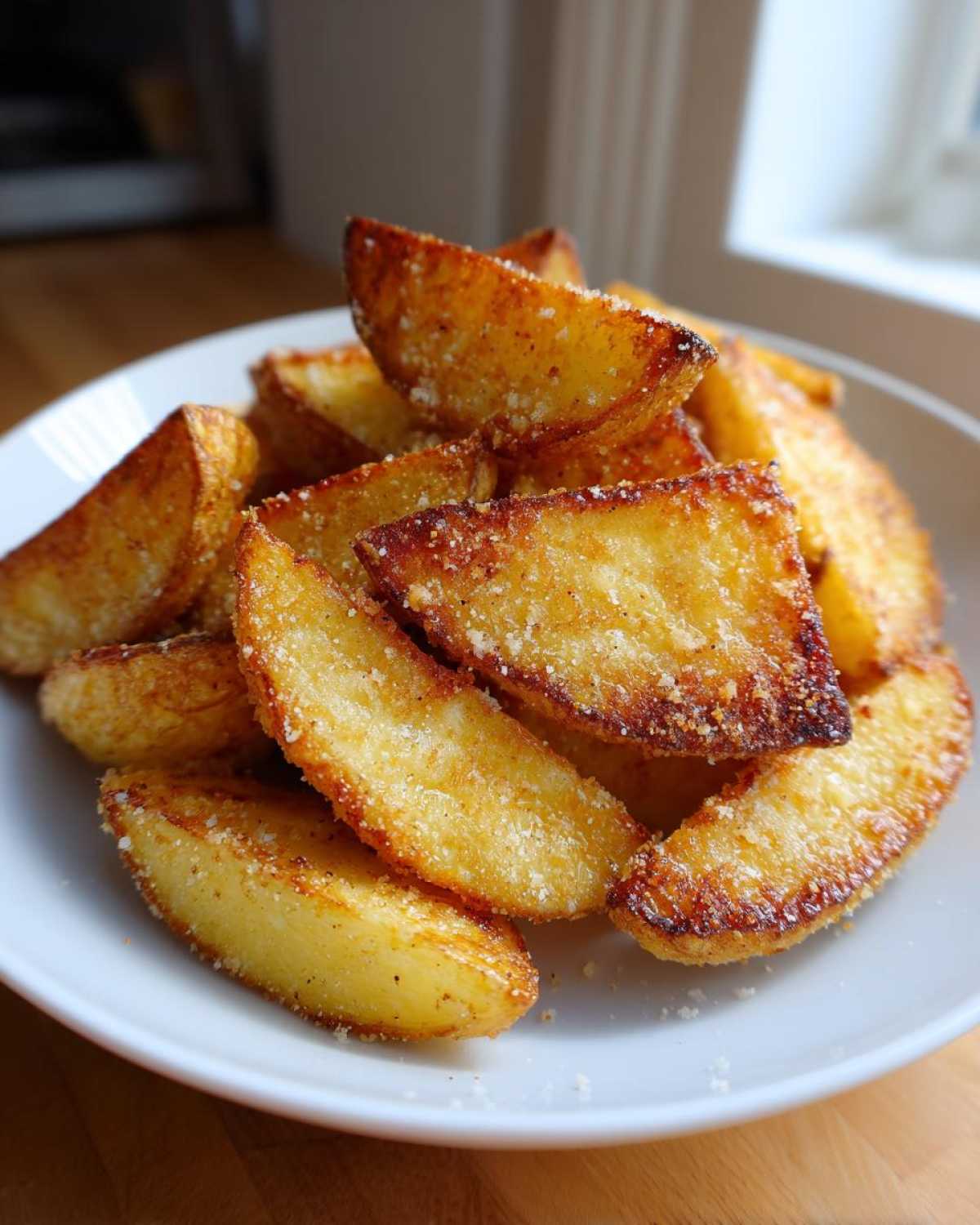 A close-up of golden brown, crispy baked garlic parmesan potato wedges piled high on a white plate.