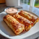 Three golden brown Crispy Baked Reuben Egg Rolls arranged on a white plate next to a small bowl of Thousand Island dip.