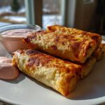 Four golden brown Crispy Baked Reuben Egg Rolls stacked on a white plate next to a small bowl of Thousand Island Dip.