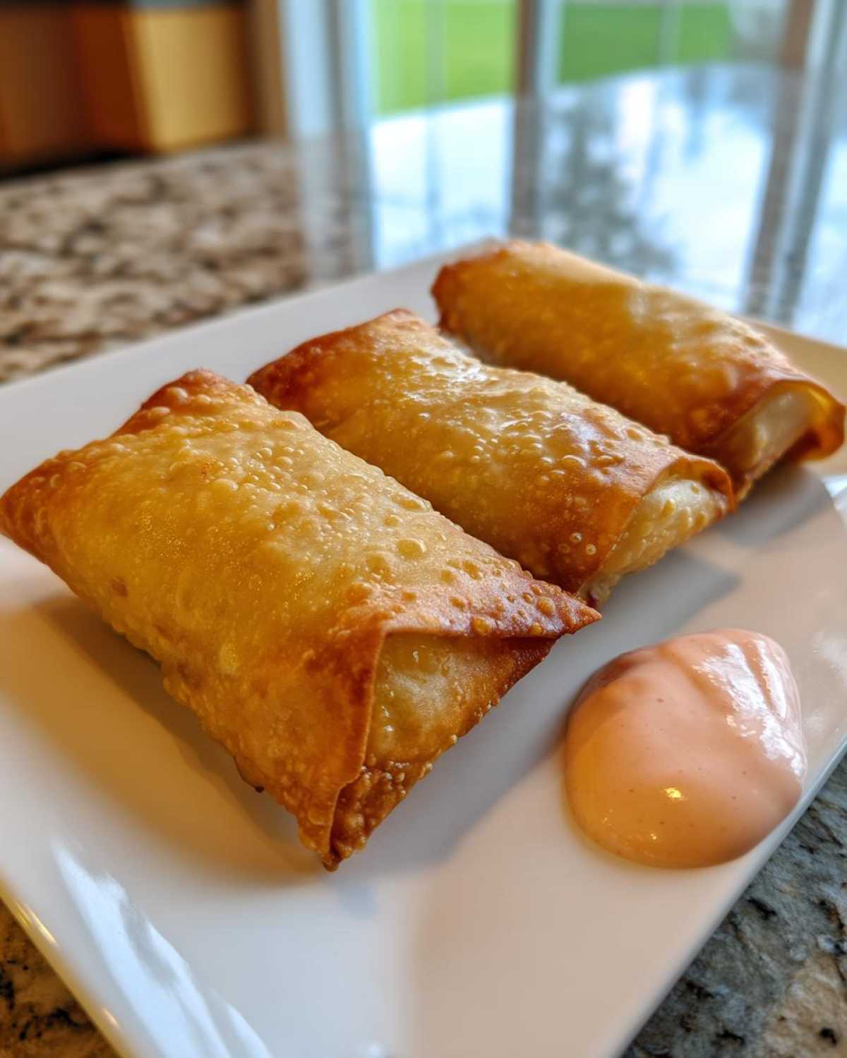 Three golden brown Crispy Baked Reuben Egg Rolls served on a white plate with a dollop of pink Thousand Island Dip.