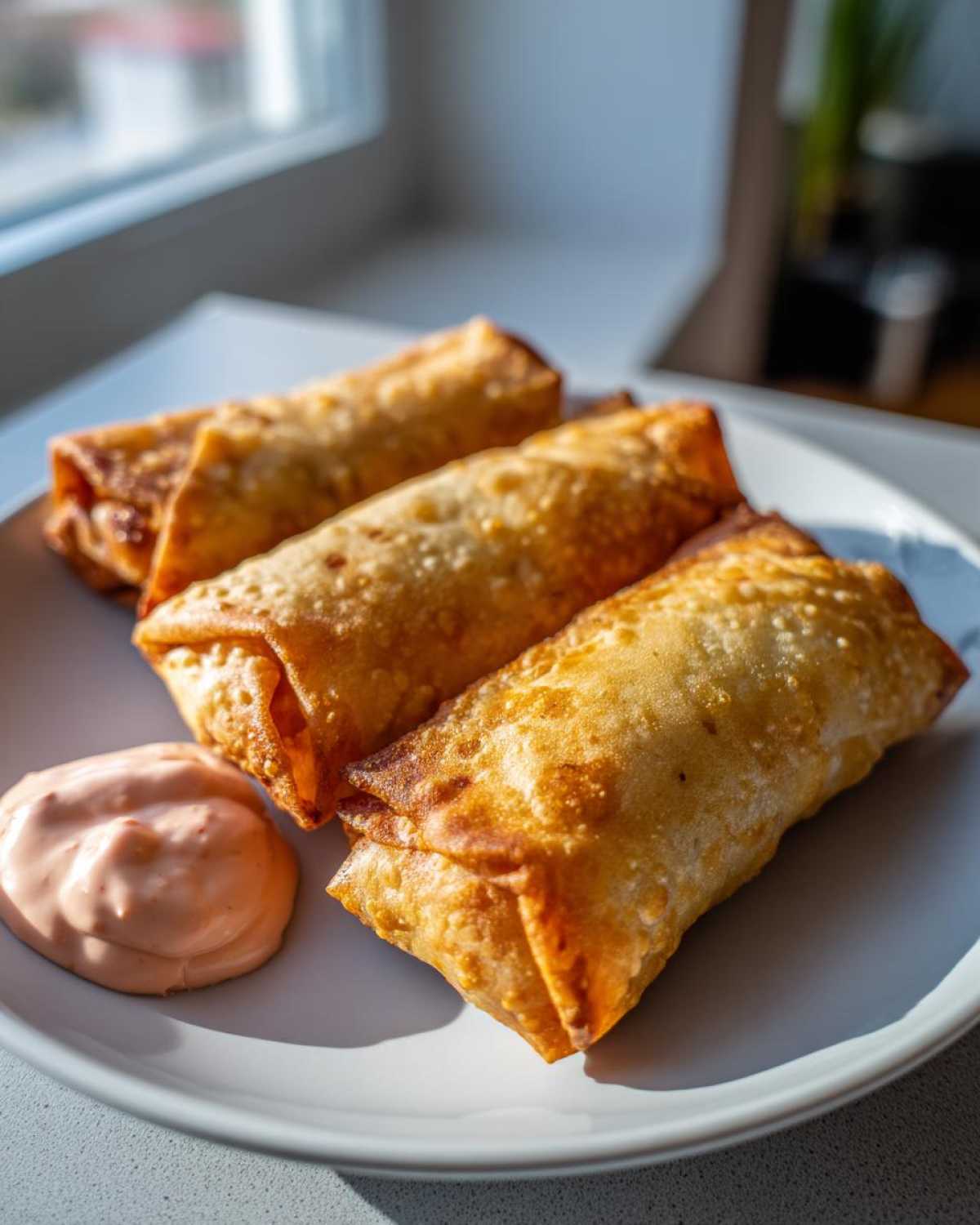 Three golden, crispy baked Reuben egg rolls served on a white plate next to a dollop of Thousand Island dip.
