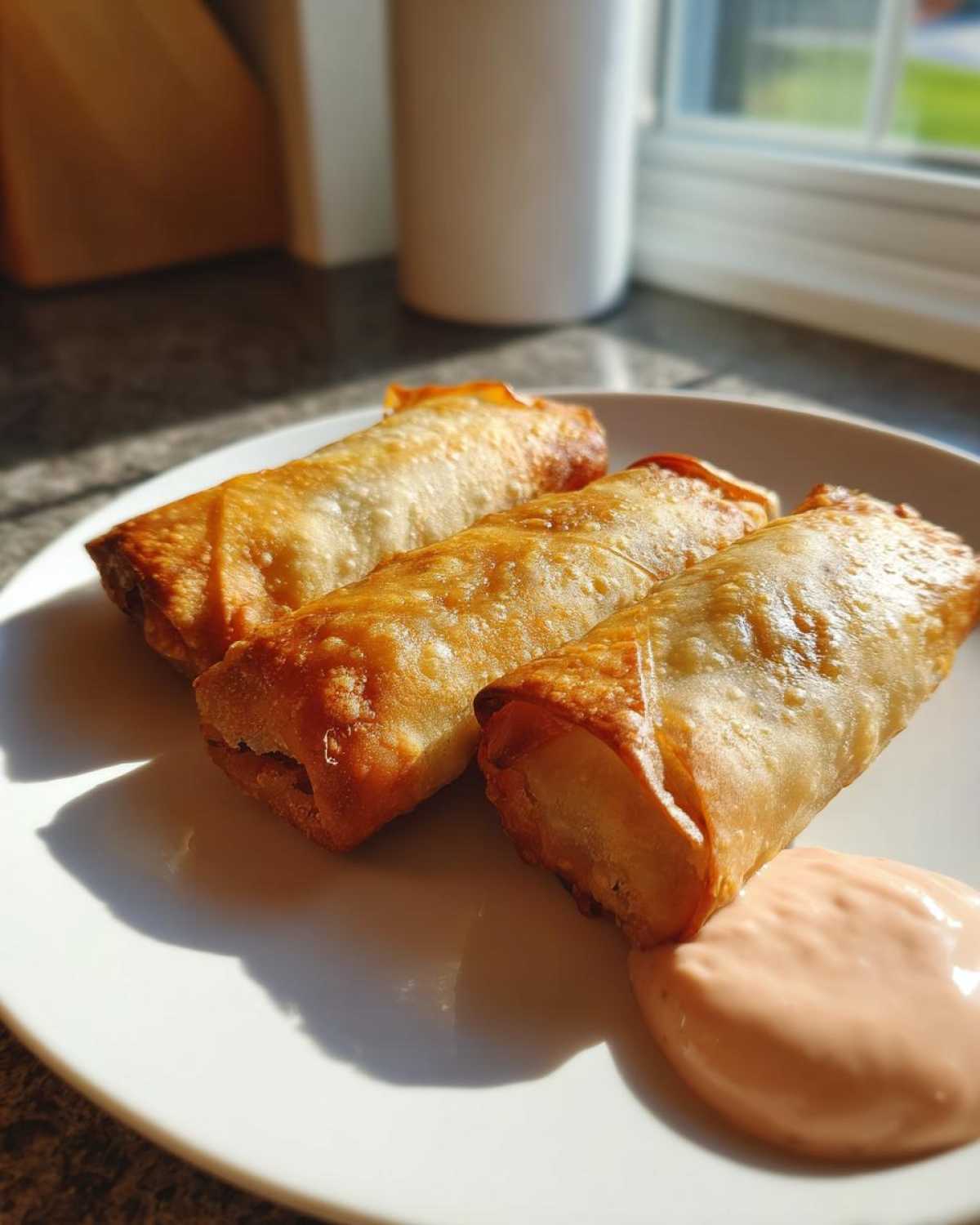 Three golden brown Crispy Baked Reuben Egg Rolls arranged on a white plate next to a dollop of Thousand Island dip.