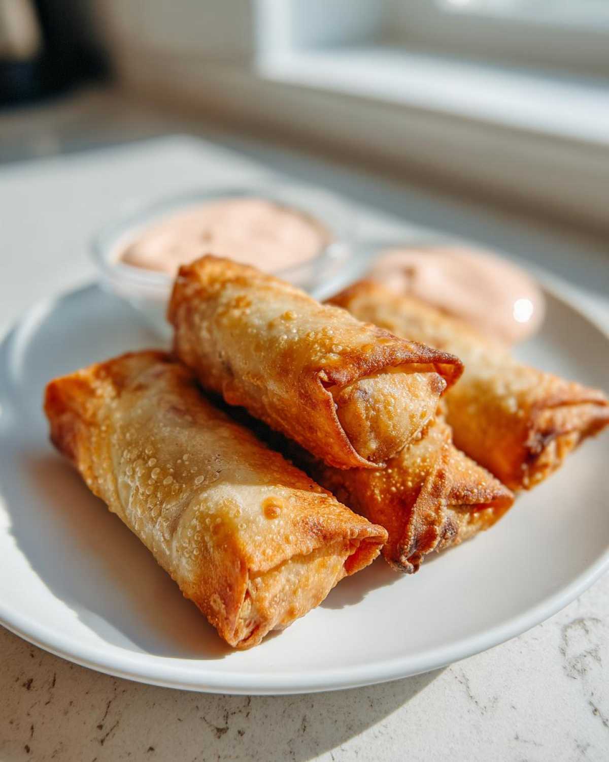 Four golden brown Crispy Baked Reuben Egg Rolls stacked on a white plate with Thousand Island dip.