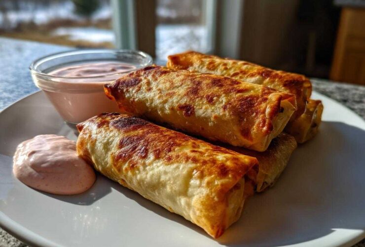 Four golden brown Crispy Baked Reuben Egg Rolls stacked on a white plate next to a small bowl of Thousand Island Dip.