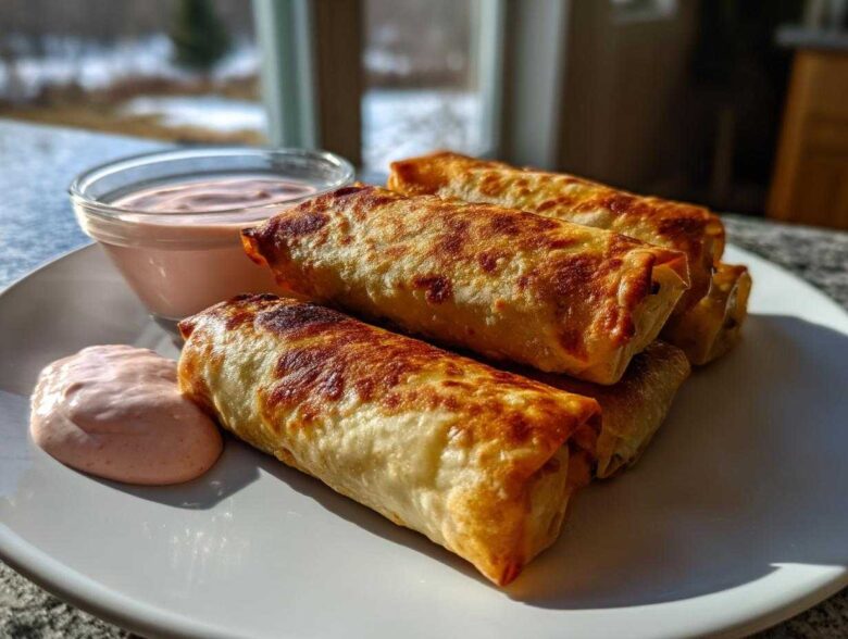 Four golden brown Crispy Baked Reuben Egg Rolls stacked on a white plate next to a small bowl of Thousand Island Dip.