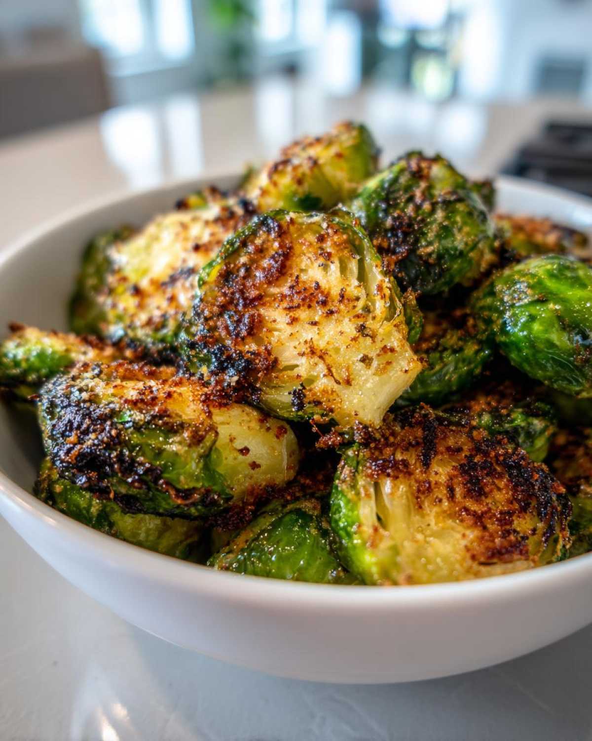 Close-up of roasted Brussels sprouts coated in golden brown Parmesan cheese, ready to eat.