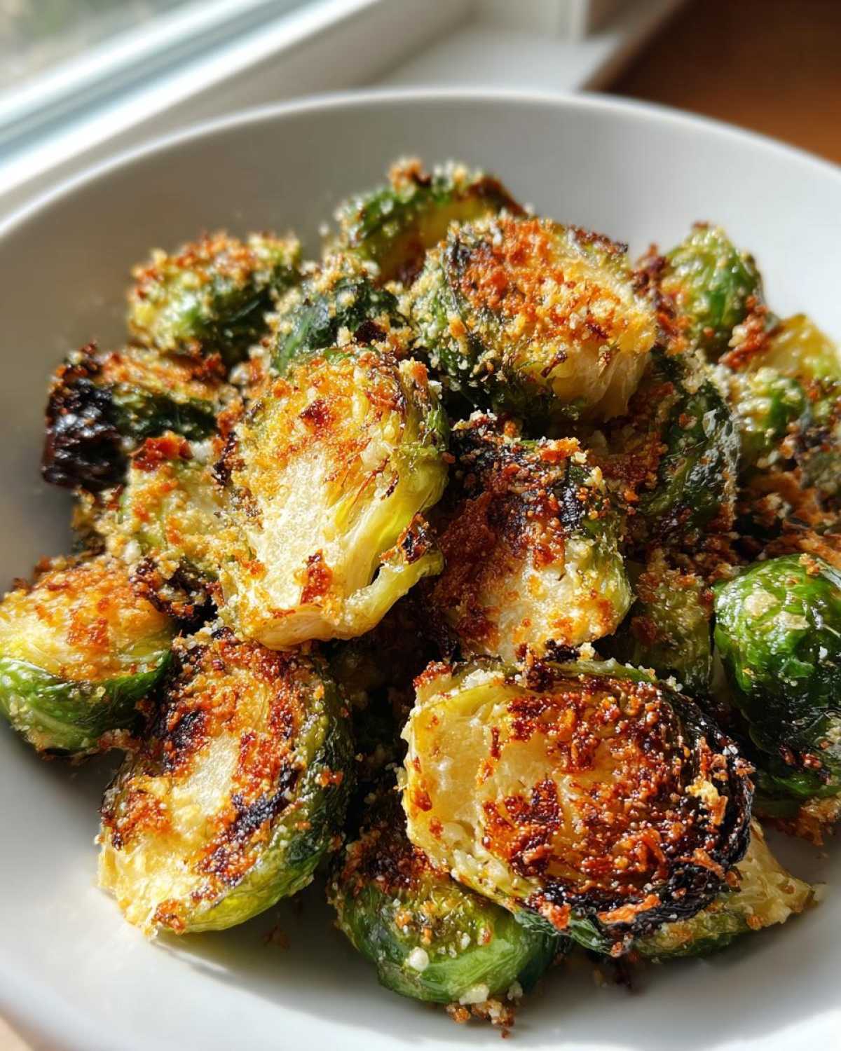 Close-up of roasted Crispy Parmesan Brussels Sprouts with a golden-brown, crunchy topping in a white bowl.