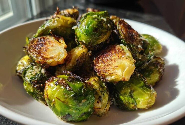 A close-up of roasted Crispy Parmesan Brussels Sprouts showing browned edges and melted cheese in a white bowl.