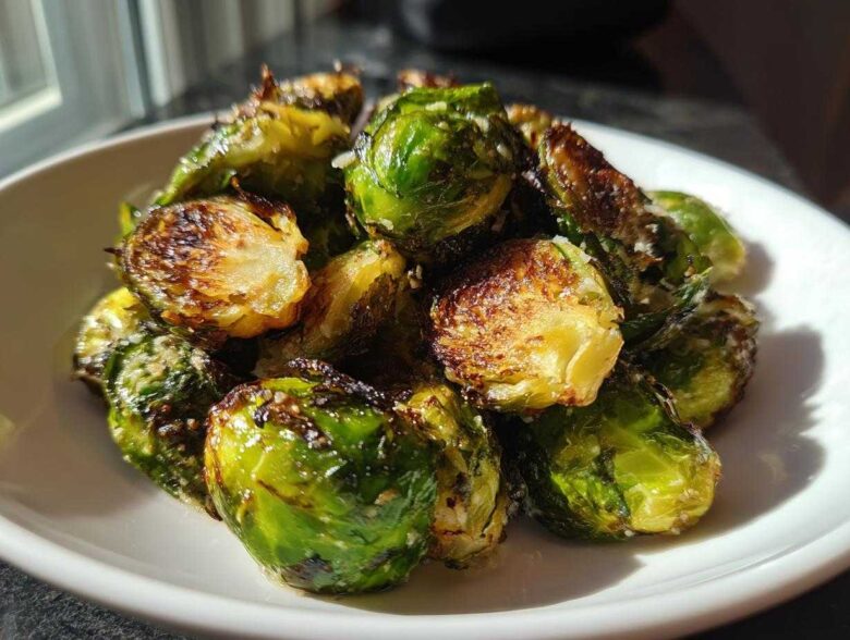 A close-up of roasted Crispy Parmesan Brussels Sprouts showing browned edges and melted cheese in a white bowl.