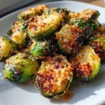 Close-up of roasted Brussels sprouts halves topped with golden brown, crispy Parmesan cheese.