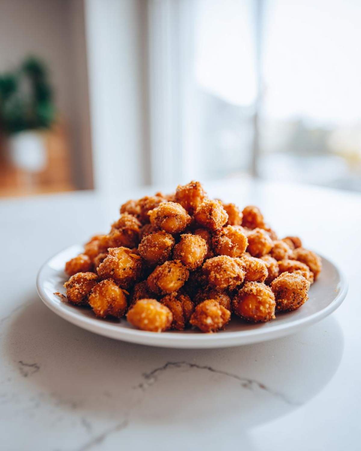 A mound of golden brown, seasoned Crunchy Air Fryer Ranch Chickpeas piled high on a small white plate.