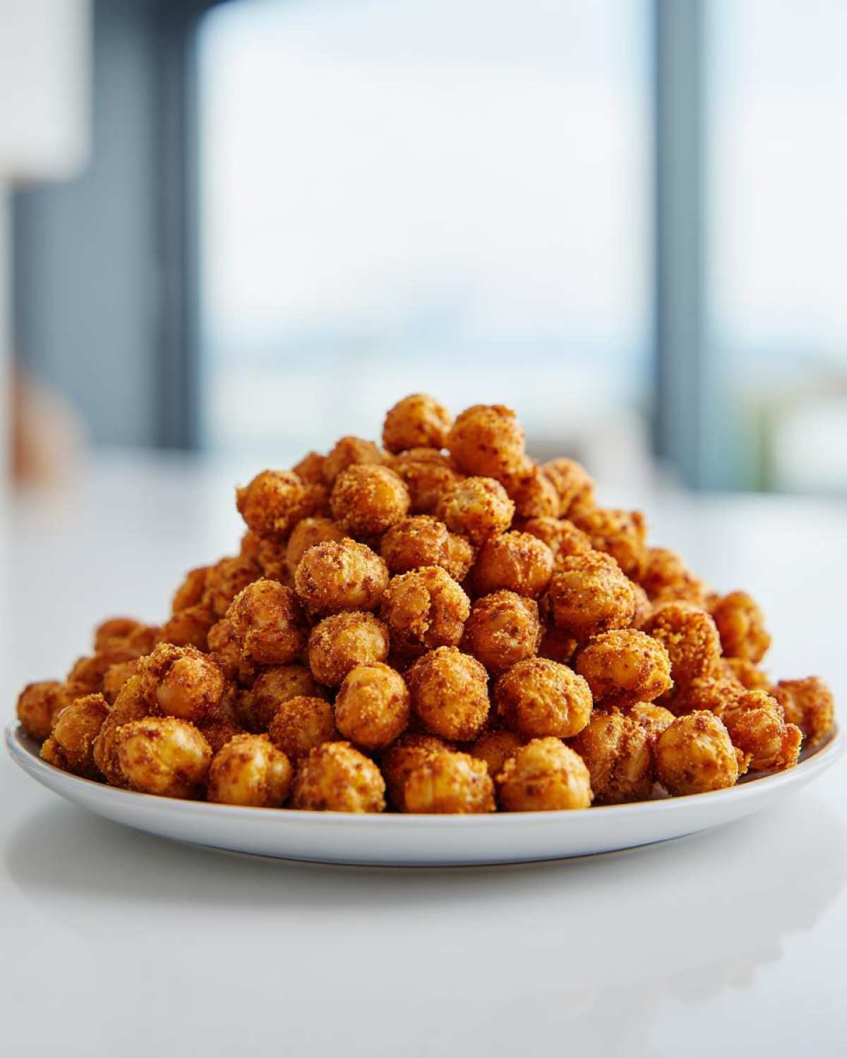A large mound of golden brown, seasoned Crunchy Air Fryer Ranch Chickpeas piled high on a white plate.