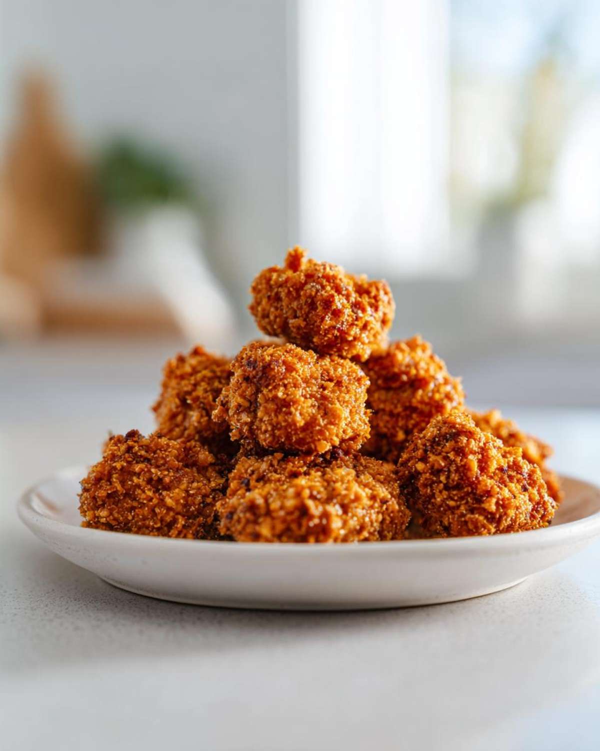 A close-up of a small pile of golden brown, crunchy air fryer ranch chickpeas stacked on a white plate.