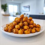 A white plate piled high with golden, seasoned Crunchy Air Fryer Ranch Chickpeas, ready to eat.
