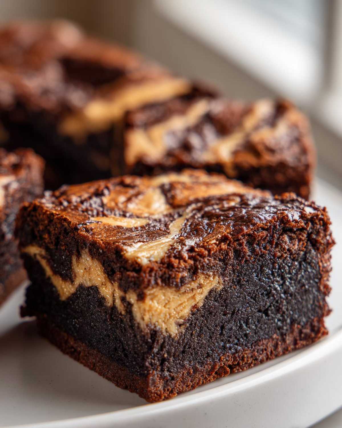 A close-up of a fudgy square of Dark Chocolate Tahini Brownies with a visible swirl of tahini batter.