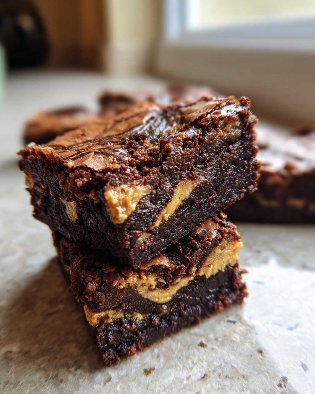 Two stacked, fudgy Dark Chocolate Tahini Brownies showing a rich interior with a visible tahini swirl.