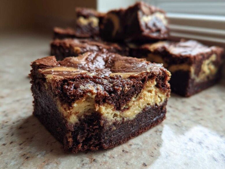 A rich, fudgy square of Dark Chocolate Tahini Brownies showing a swirl of tahini filling.