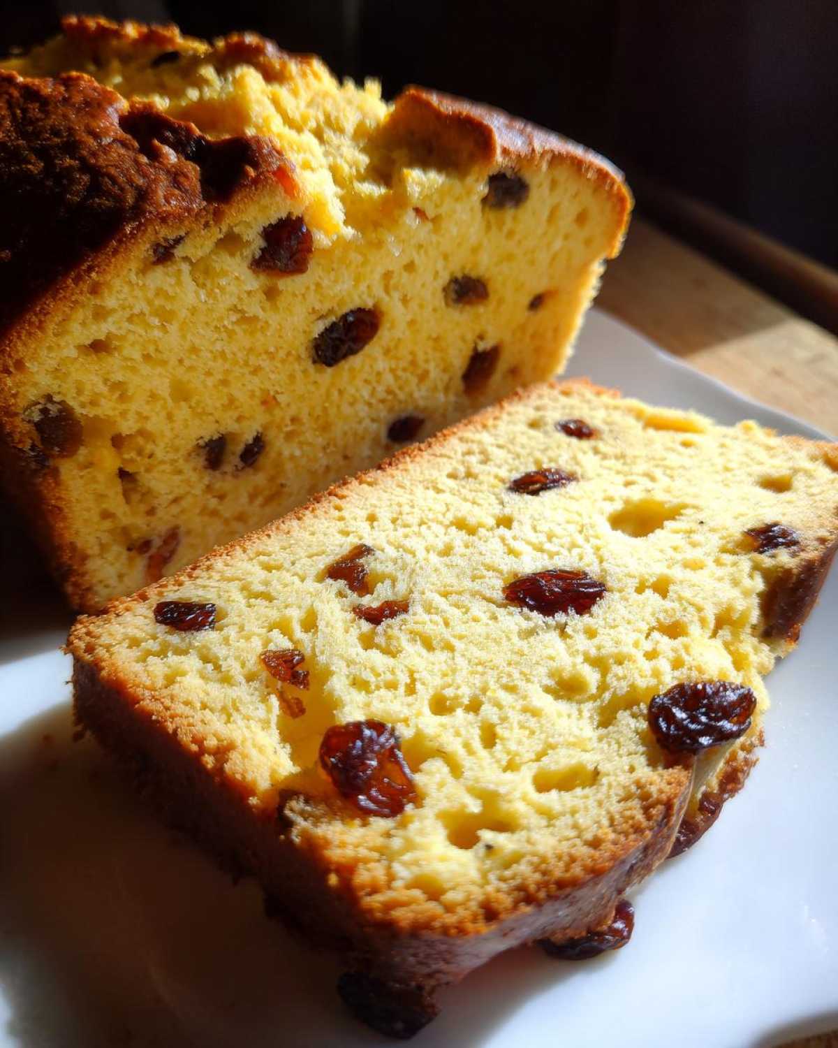 Close-up of a slice of Easy Irish Soda Bread with Buttermilk and Raisins, showing its golden crumb and dark raisins.